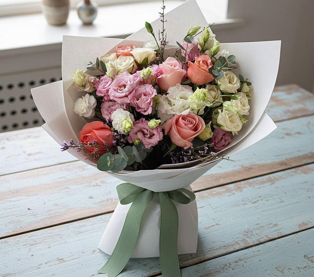 Букет цветов из: Розы, Лизиантусы и Гвоздики в Петровском Тамбовской области