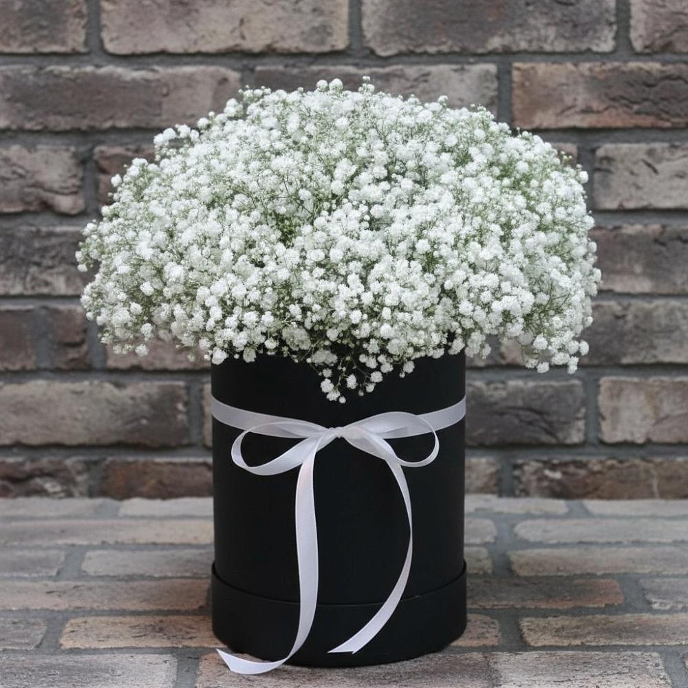 Цветочная композиция из Гипсофила в шляпной коробке в Петровском Тамбовской области