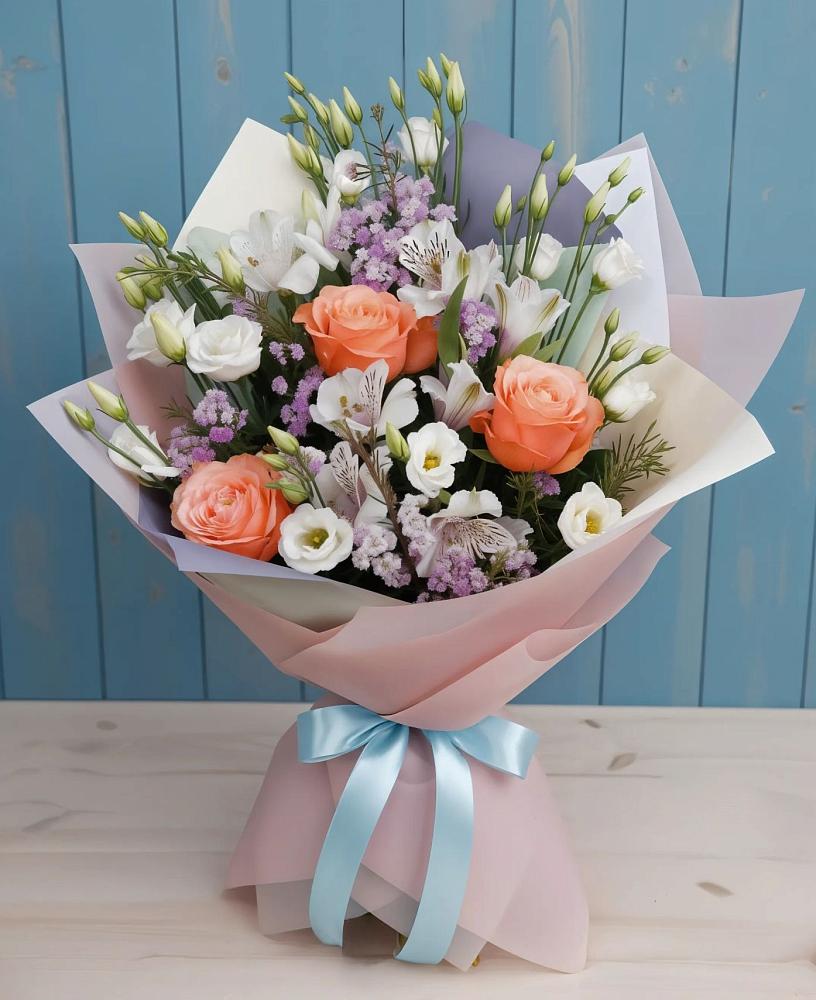 Букет цветов из: Лизиантусы, Розы, Альстромерии и Гипсофила в Петровском Тамбовской области