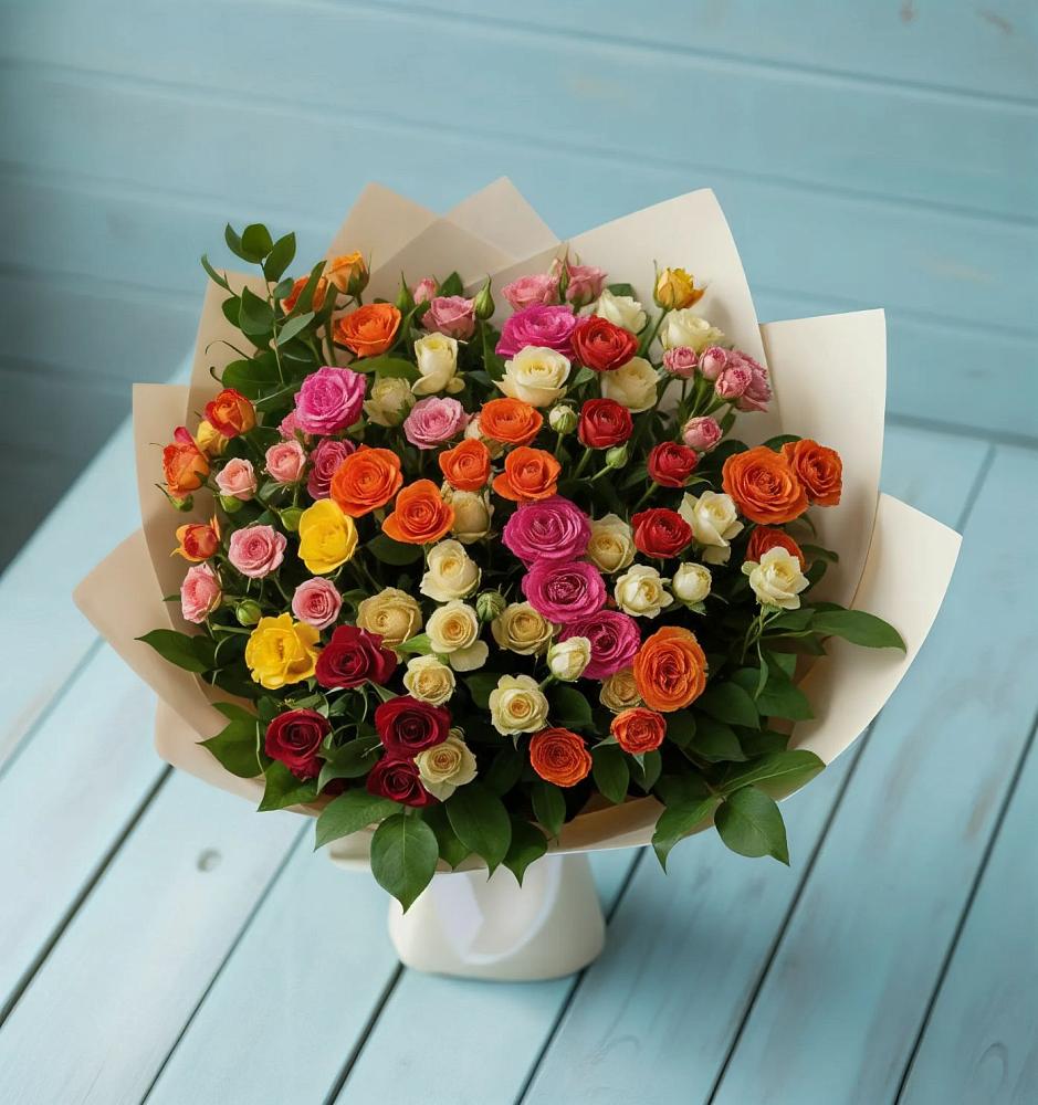 Букет Микс из разноцветных кустовых роз в Петровском Тамбовской области
