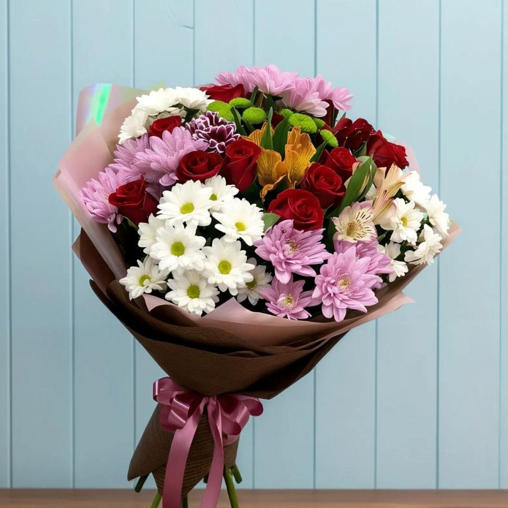 Букет цветов из: Розы, Хризантемы и Альстромерии в Петровском Тамбовской области